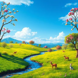 A vibrant and colorful landscape with a clear blue sky, lush green fields, and a serene river flowing through the middle