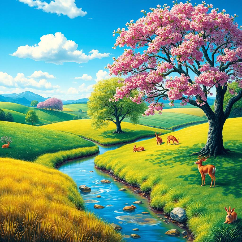 A vibrant and colorful landscape with a clear blue sky, lush green fields, and a serene river flowing through the middle