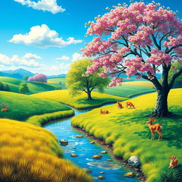 A vibrant and colorful landscape with a clear blue sky, lush green fields, and a serene river flowing through the middle