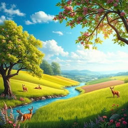 A vibrant and colorful landscape with a clear blue sky, lush green fields, and a serene river flowing through the middle