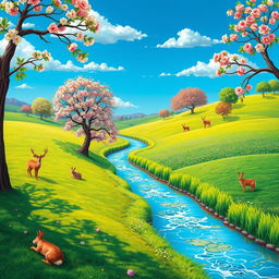 A vibrant and colorful landscape with a clear blue sky, lush green fields, and a serene river flowing through the middle