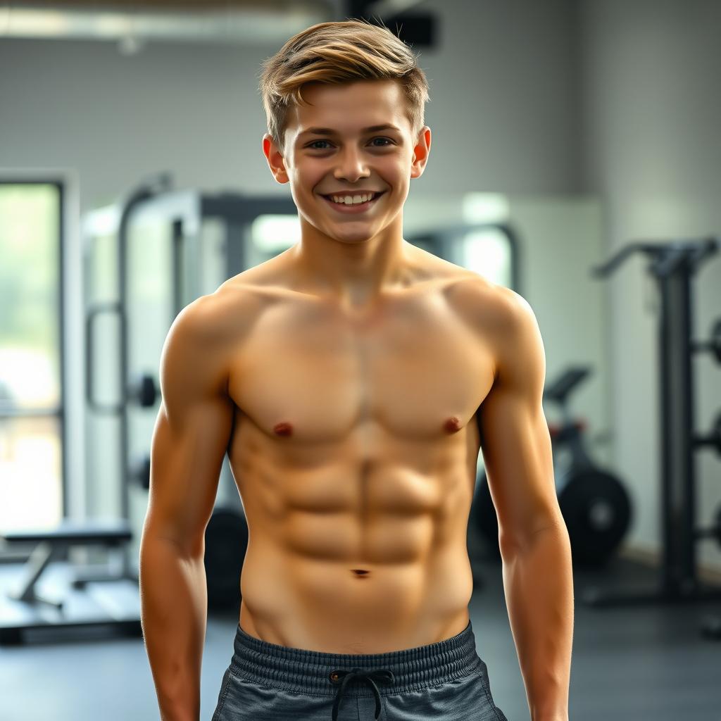 A teenage boy with a well-defined six-pack abs, standing confidently with a smile