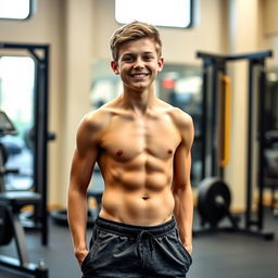 A teenage boy with a well-defined six-pack abs, standing confidently with a smile