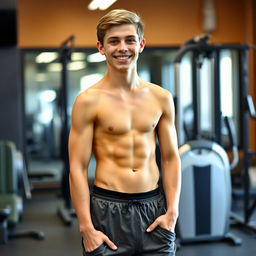 A teenage boy with a well-defined six-pack abs, standing confidently with a smile