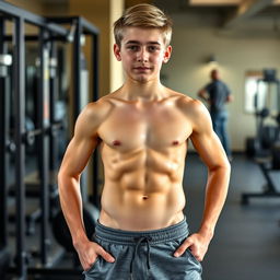 A teenage boy with well-defined six-pack abs, standing confidently in a gym setting