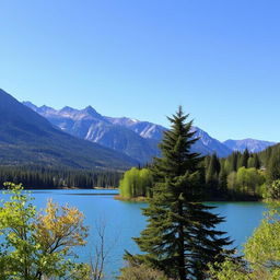 A beautiful landscape featuring a serene lake surrounded by lush green trees and mountains in the background under a clear blue sky