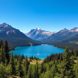 A beautiful landscape featuring a serene lake surrounded by lush green trees and mountains in the background under a clear blue sky