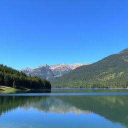 A beautiful landscape featuring a serene lake surrounded by lush green trees and mountains in the background under a clear blue sky