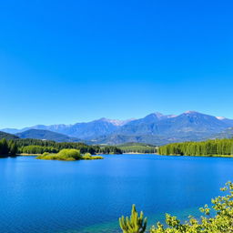 A beautiful landscape featuring a serene lake surrounded by lush green trees and mountains in the background under a clear blue sky