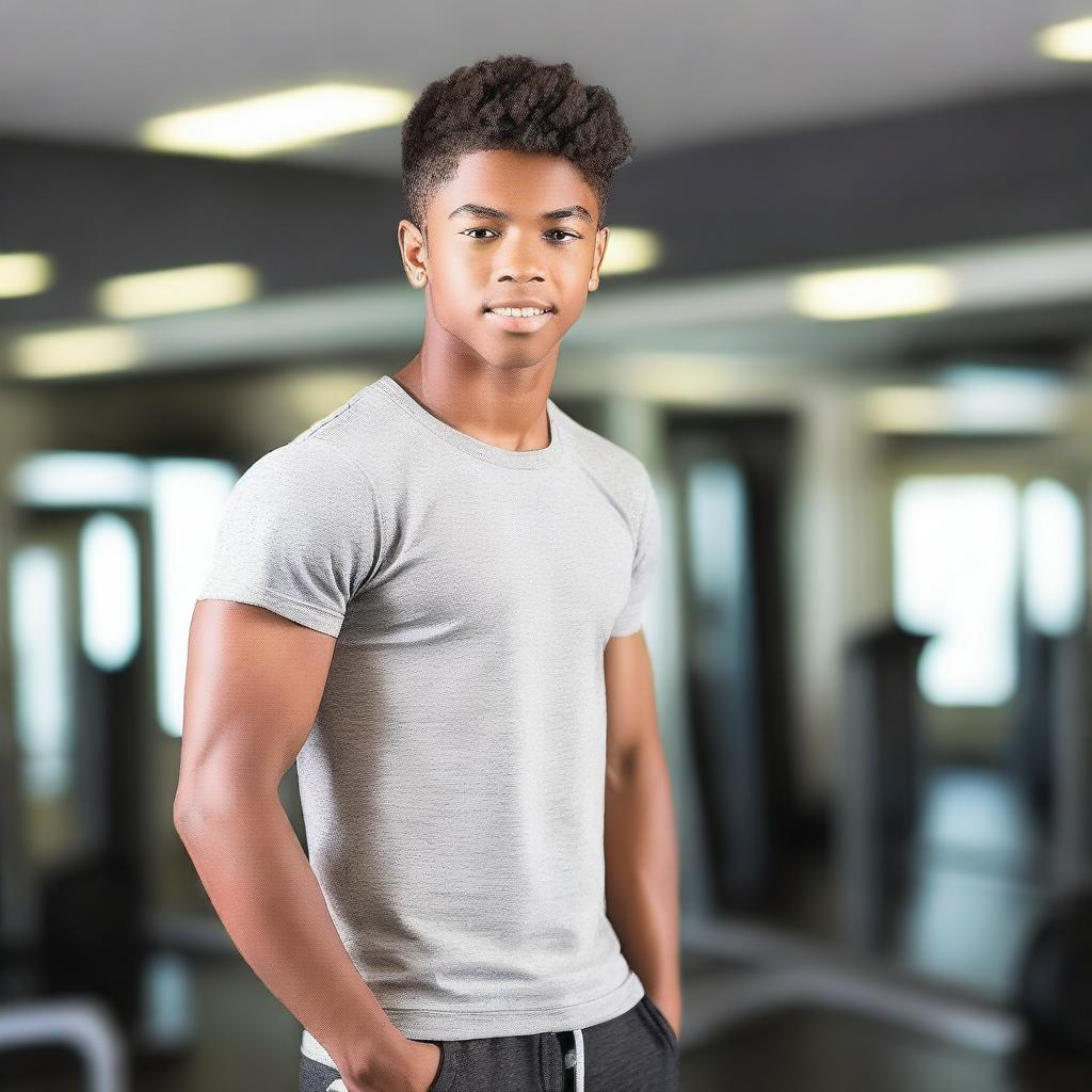 A teenage boy with well-defined abs, standing confidently in a gym setting