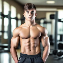 A teenage boy with well-defined abs, standing confidently in a gym setting