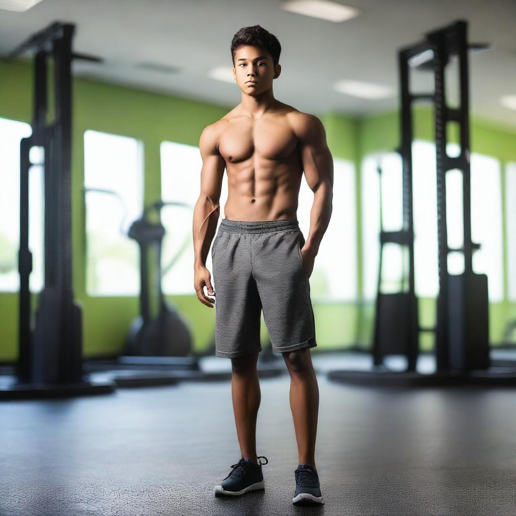 A teenage boy with well-defined abs, standing confidently in a gym setting