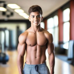 A teenage boy with well-defined abs, standing confidently in a gym setting