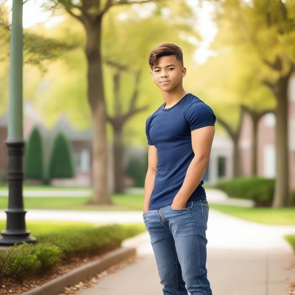 A teenage boy with well-defined abs, standing confidently in a casual setting