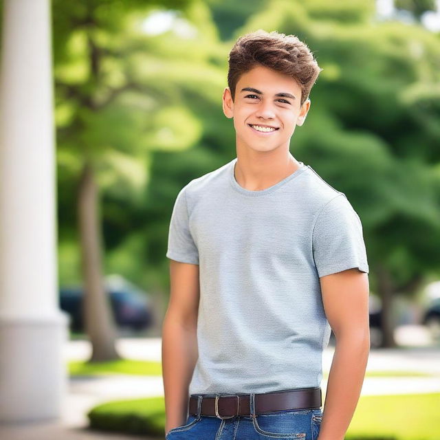 A teenage boy with well-defined abs, standing confidently in a casual setting