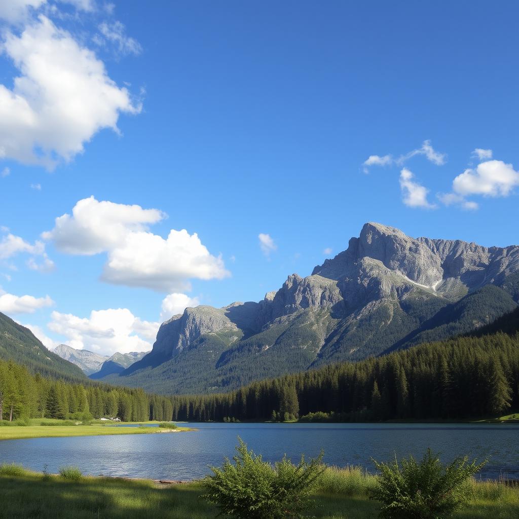 A beautiful landscape featuring a serene lake surrounded by lush greenery and tall mountains under a clear blue sky with fluffy white clouds