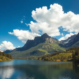 A beautiful landscape featuring a serene lake surrounded by lush greenery and tall mountains under a clear blue sky with fluffy white clouds