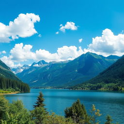 A beautiful landscape featuring a serene lake surrounded by lush greenery and tall mountains under a clear blue sky with fluffy white clouds