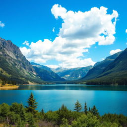 A beautiful landscape featuring a serene lake surrounded by lush greenery and tall mountains under a clear blue sky with fluffy white clouds