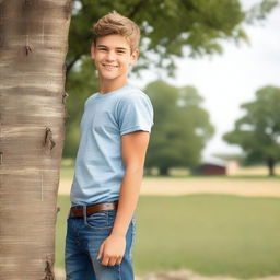 A teenage country boy with well-defined abs, standing confidently in a rural setting