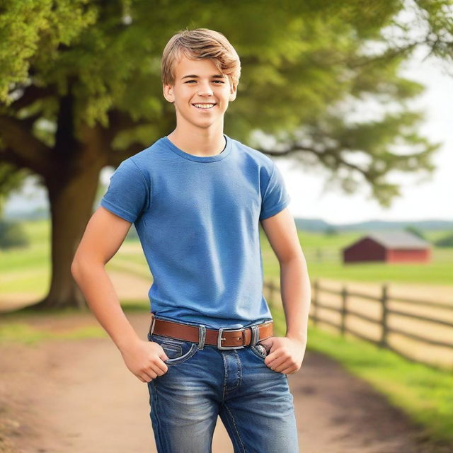 A teenage country boy with well-defined abs, standing confidently in a rural setting