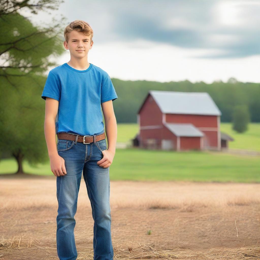 A country teenage boy with well-defined abs, standing confidently in a rural setting