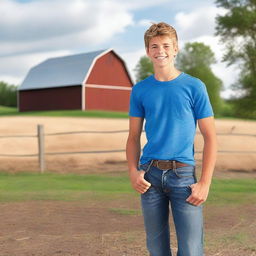 A country teenage boy with well-defined abs, standing confidently in a rural setting