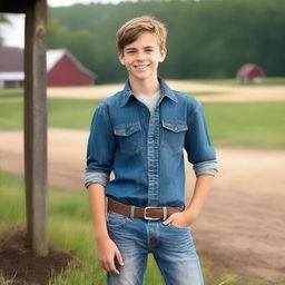 A country teenage boy with well-defined abs, standing confidently in a rural setting