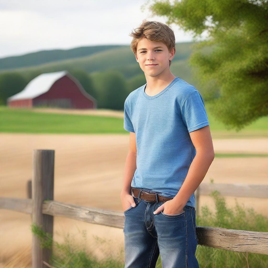 A country teenage boy with well-defined abs, standing confidently in a rural setting