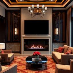 A luxurious living room interior design featuring a 60-inch TV mounted above a modern fireplace