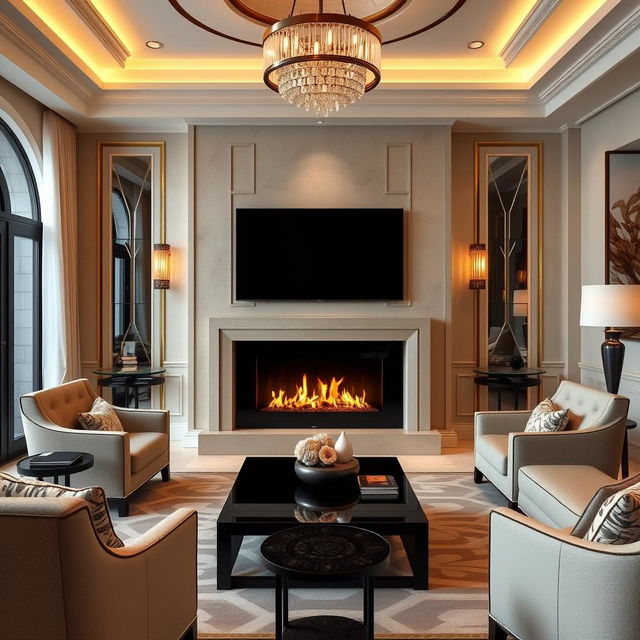 A luxurious living room interior design featuring a 60-inch TV mounted above a modern fireplace