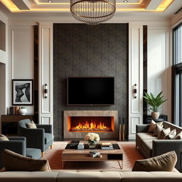 A luxurious living room interior design featuring a 60-inch TV mounted above a modern fireplace