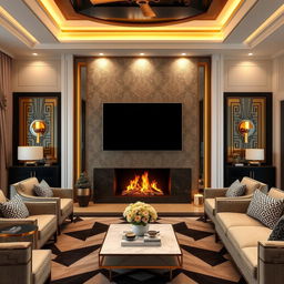 A luxurious living room interior design featuring a 60-inch TV mounted above a modern fireplace