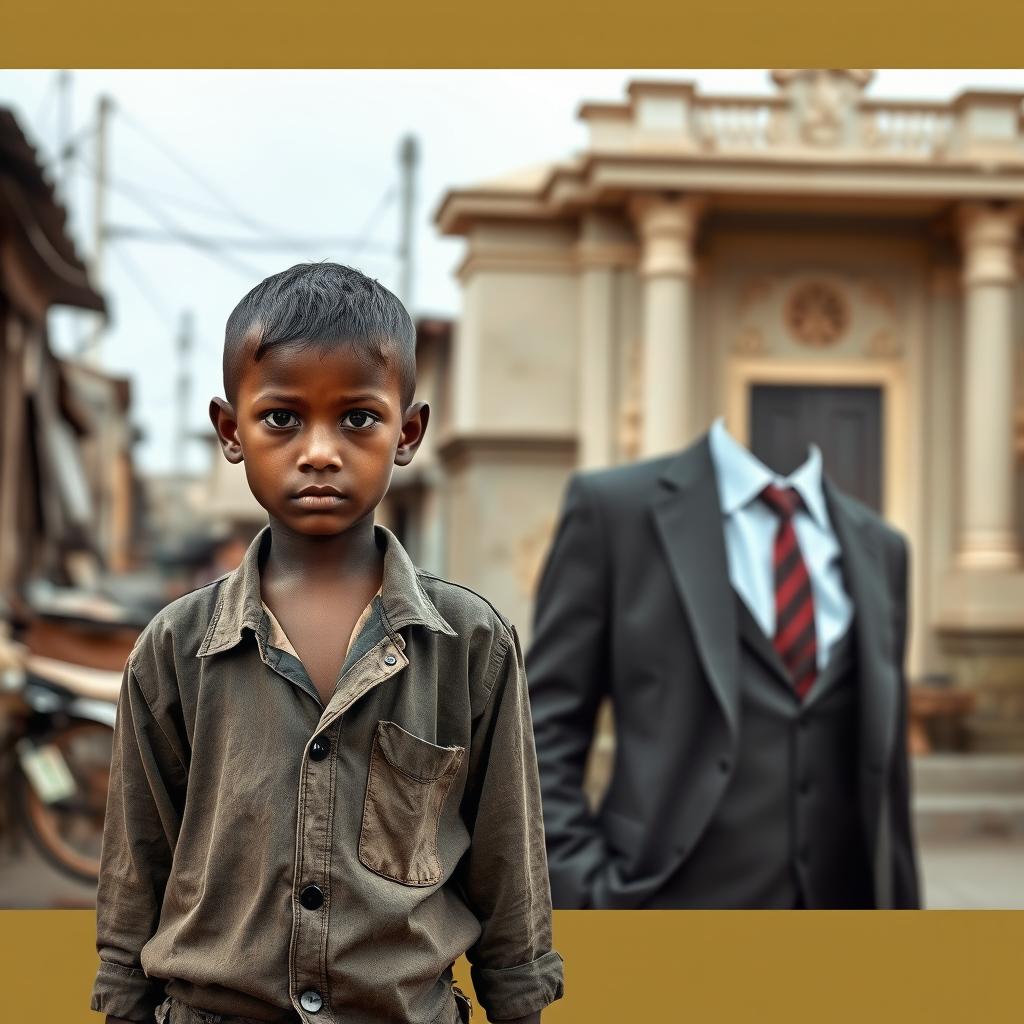 A young boy in tattered clothes stands in a poor neighborhood, looking determined