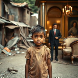 A young boy in tattered clothes stands in a poor neighborhood, looking determined