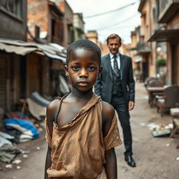 A young boy in tattered clothes stands in a poor neighborhood, looking determined