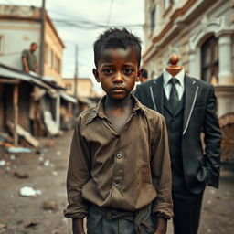 A young boy in tattered clothes stands in a poor neighborhood, looking determined