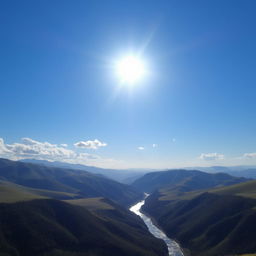 A beautiful landscape featuring rolling hills, a clear blue sky, and a bright sun shining down