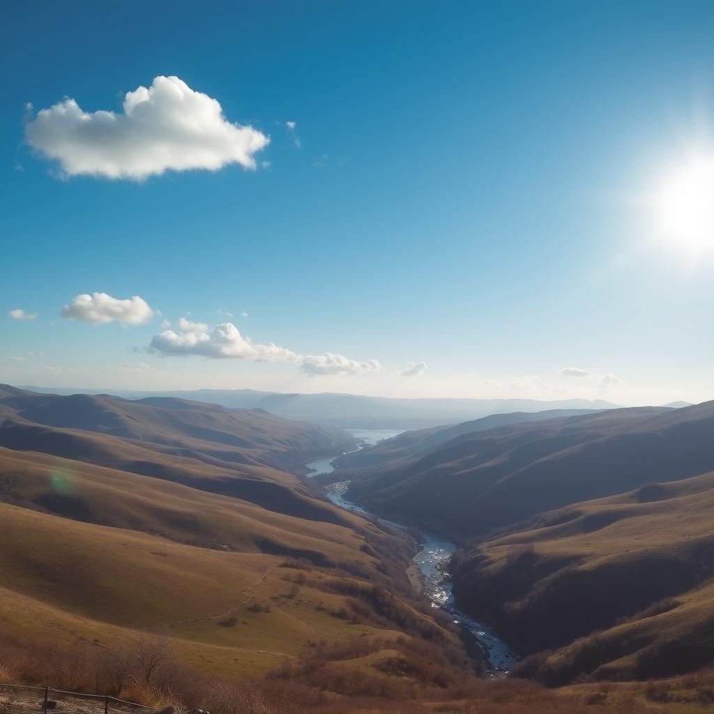 A beautiful landscape featuring rolling hills, a clear blue sky, and a bright sun shining down