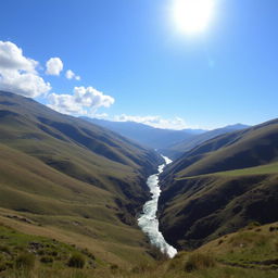 A beautiful landscape featuring rolling hills, a clear blue sky, and a bright sun shining down