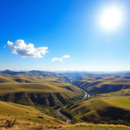 A beautiful landscape featuring rolling hills, a clear blue sky, and a bright sun shining down