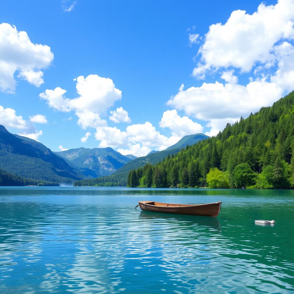 A serene landscape featuring a clear blue lake surrounded by lush green trees and mountains in the background under a bright blue sky with fluffy white clouds