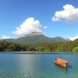 A serene landscape featuring a clear blue lake surrounded by lush green trees and mountains in the background under a bright blue sky with fluffy white clouds