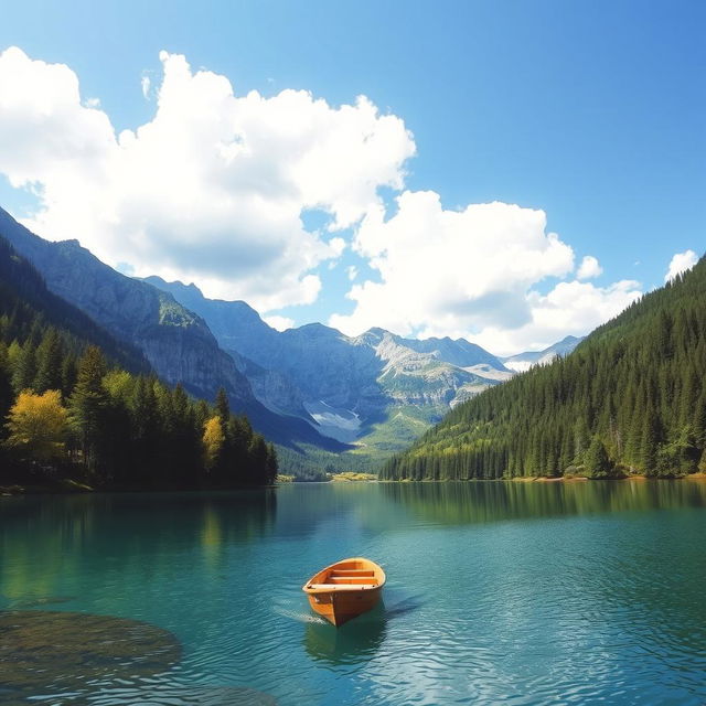 A serene landscape featuring a clear blue lake surrounded by lush green trees and mountains in the background under a bright blue sky with fluffy white clouds