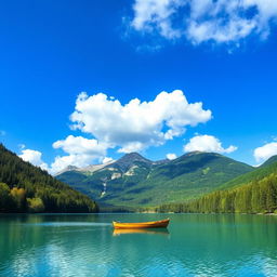 A serene landscape featuring a clear blue lake surrounded by lush green trees and mountains in the background under a bright blue sky with fluffy white clouds