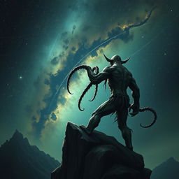 A Lovecraftian orc with subtle tentacles emerging from its body, standing on a cliff and contemplating the vast, star-filled universe