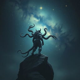 A Lovecraftian orc with subtle tentacles emerging from its body, standing on a cliff and contemplating the vast, star-filled universe