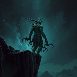 A Lovecraftian orc with subtle tentacles emerging from its body, standing on a cliff and contemplating the vast, star-filled universe