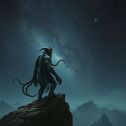 A Lovecraftian orc with subtle tentacles emerging from its body, standing on a cliff and contemplating the vast, star-filled universe
