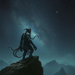 A Lovecraftian orc with subtle tentacles emerging from its body, standing on a cliff and contemplating the vast, star-filled universe